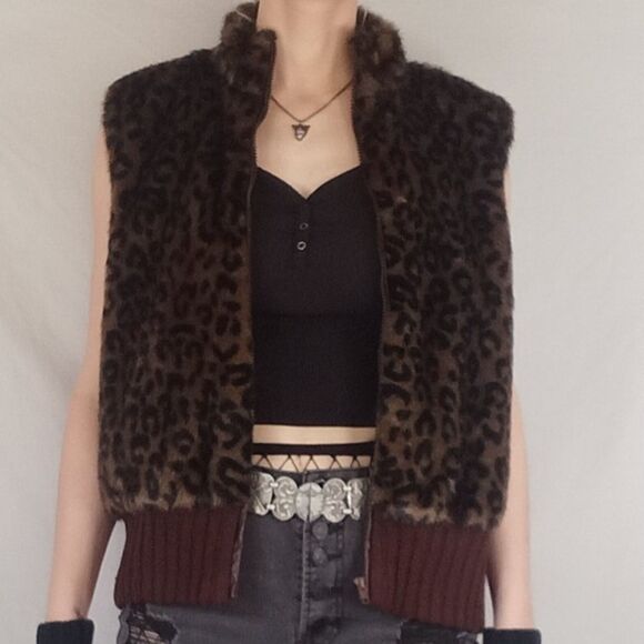 Vintage Deadstock Fuzzy Faux Fur Leopard Print Zip Up Vest - Picture 1 of 11